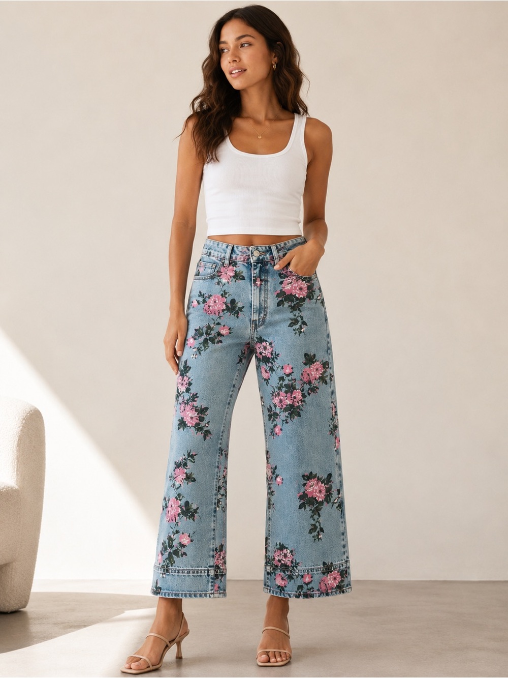 Entro Women's Pink Floral Wide-Leg Jeans size small